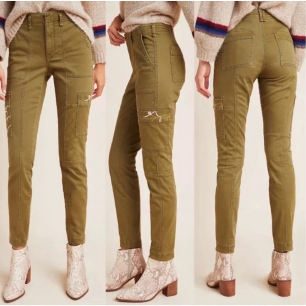 Anthropologie Austin Utility Pants with Embroidered Cargo Pockets in Army Green